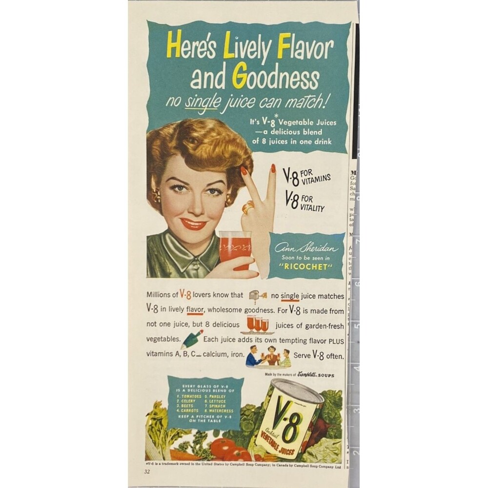V-8 Vegetable Juice Ann Sheridan says "No Single Juice Can Match!" Print Ad 1940